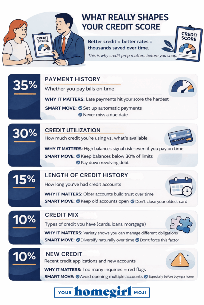 This infographic breaks down five credit score factors with percentages: Payment History 35% (pay bills on time, set up automatic payments), Credit Utilization 30% (keep balances below 30% of limits), Length of Credit History 15% (keep old accounts open), Credit Mix 10% (diversify credit types naturally), and New Credit 10% (avoid opening multiple accounts especially before buying a home).