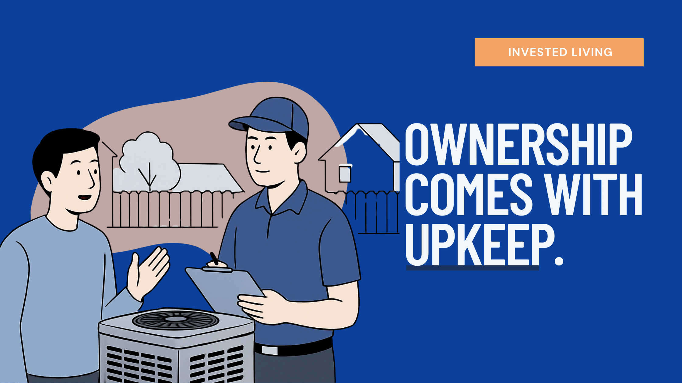 homeowner and HVAC technician discussing air conditioner maintenance in front of suburban house