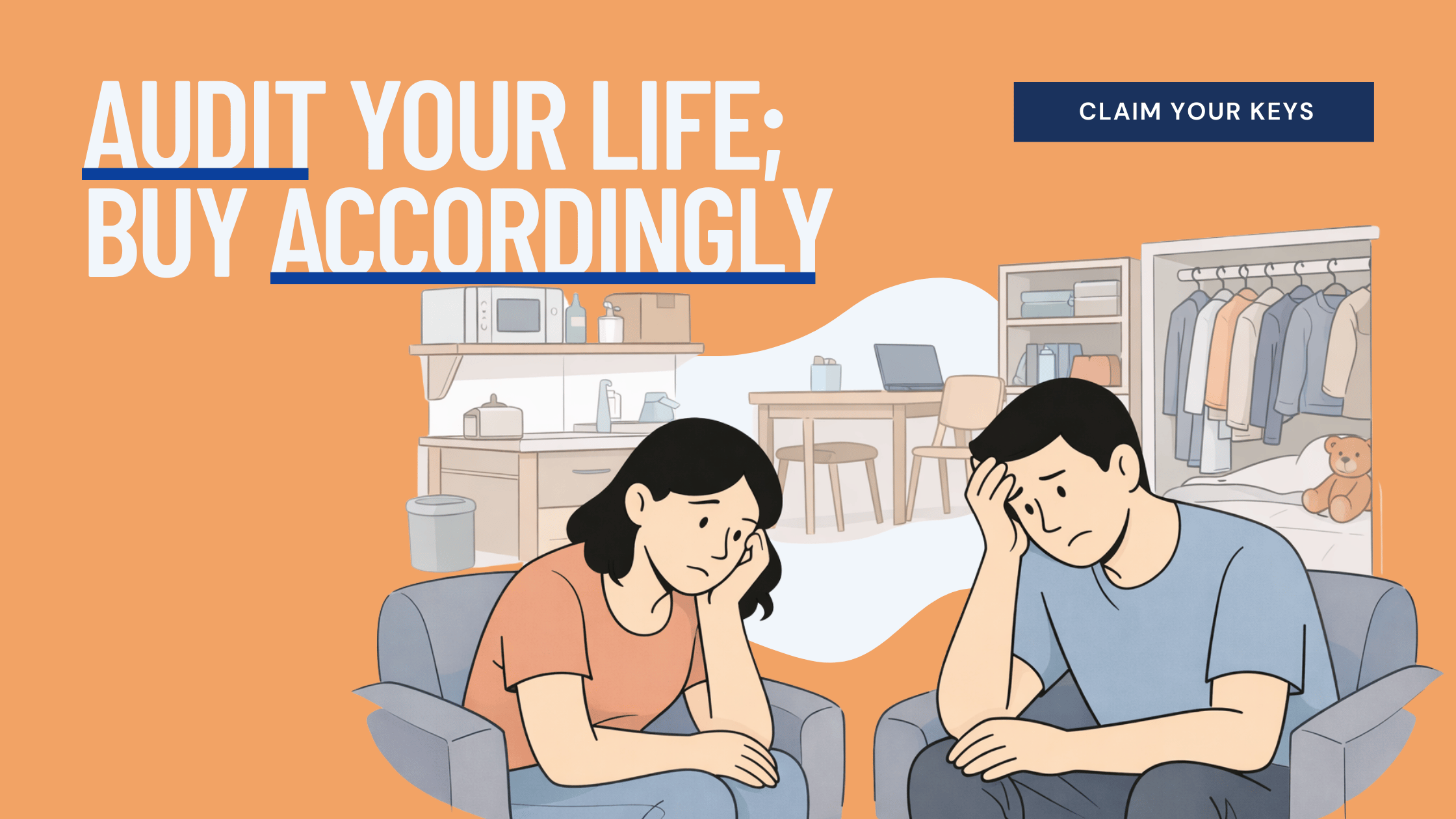 stressed couple sitting on couch who are experiencing regret from buying a home that does not meet their needs as they have outgrown it