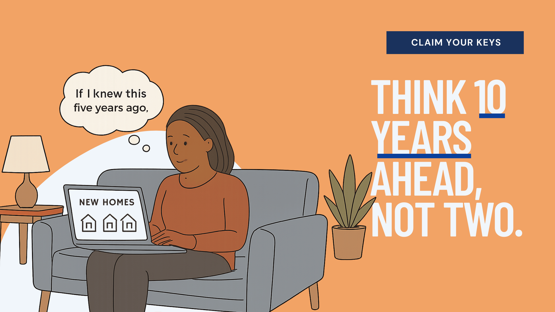 Illustration of a first-time homebuyer reviewing new home listings on a laptop while considering long-term housing needs